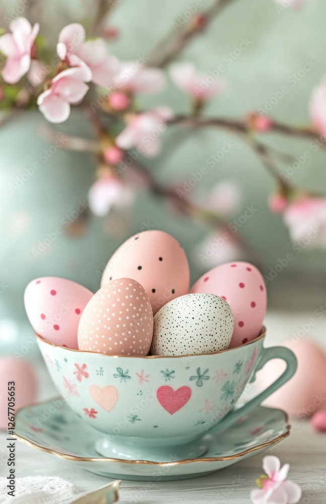 Delicate pastel eggs nestled in a charming cup amidst blossoming branches celebrate spring's arrival and Easter joy. Generative AI Delicate pastel eggs nestled in a charming cup amidst blossoming branches celebrate spring's arrival and Easter joy. Generative AI