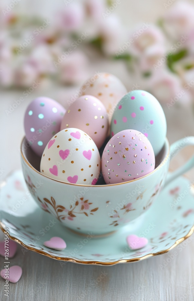 Fototapeta premium Decorative pastel Easter eggs nestled in a floral teacup, capturing the joy of spring celebrations and festive traditions. Generative AI