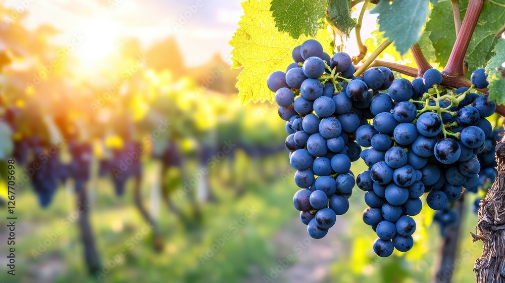 Naklejka premium Ripe red grapes on vine, vineyard sunset.