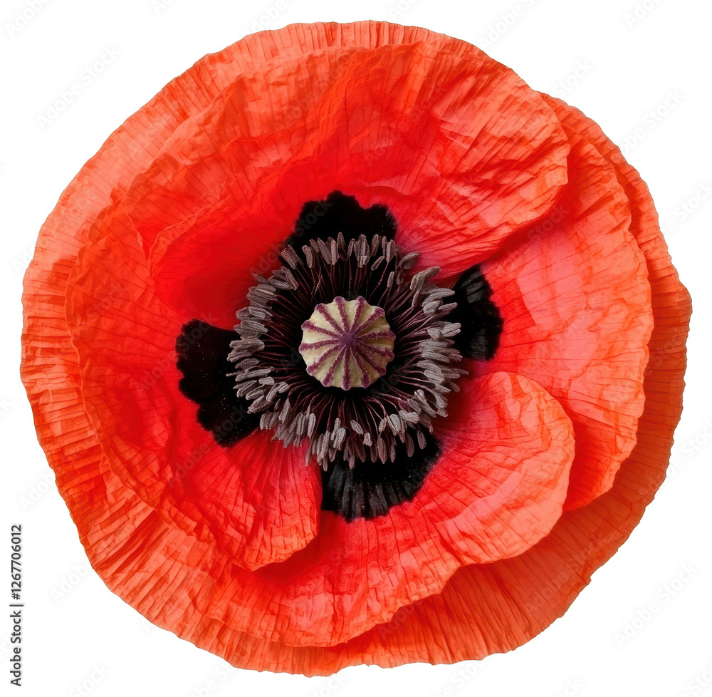 Isolated Red Poppy Flower with Intricate Black Center on Transparent Background Isolated Red Poppy Flower with Intricate Black Center on Transparent Background
