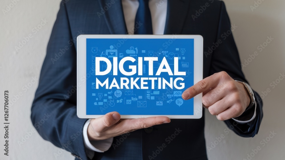 Naklejka premium Businessman holds tablet displaying digital marketing concept in white text
