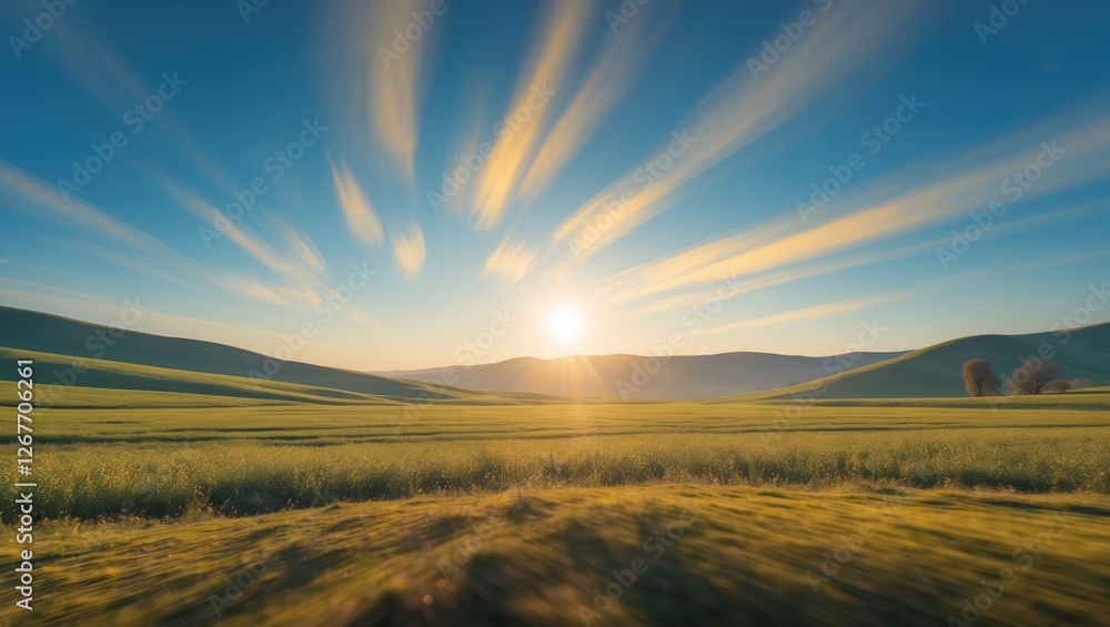 Sunrise over rolling green hills with dynamic cloud formations and vibrant blue sky landscape Nature scene with Copy Space Sunrise over rolling green hills with dynamic cloud formations and vibrant blue sky landscape Nature scene with Copy Space
