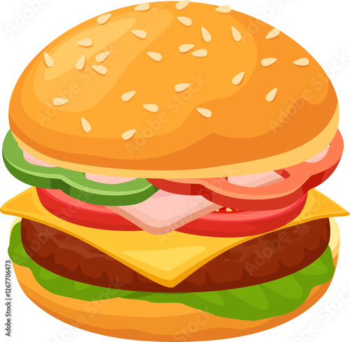 Burger presenting ingredients with sesame bun, meat, cheese, tomato, lettuce, ham and cucumber on white background, perfect for menus, websites or advertising related to food industry