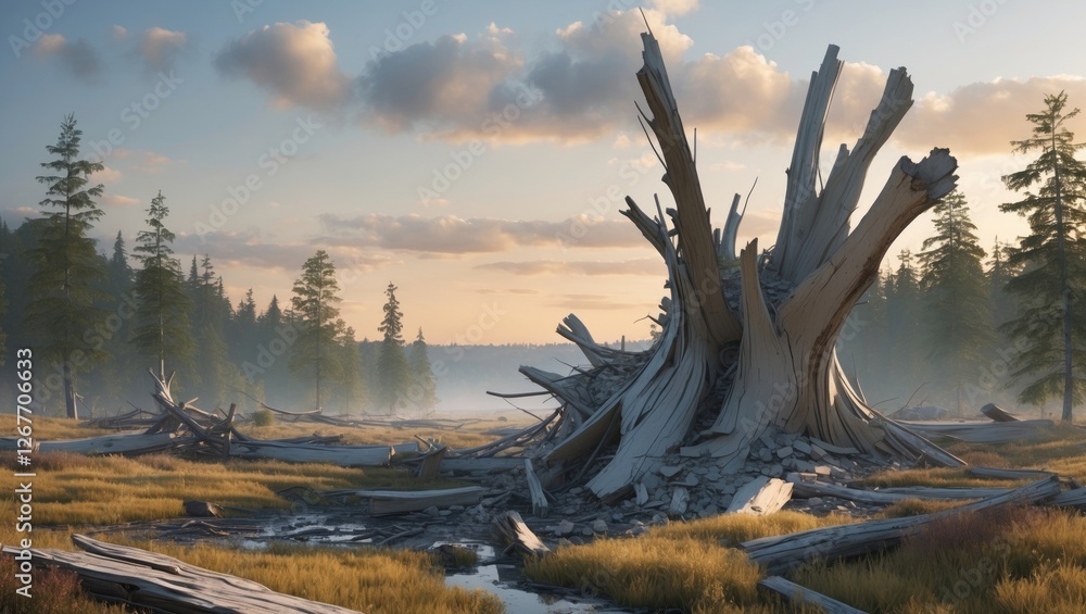 Landscape featuring a decayed tree stump in a misty forest setting with soft sunlight and scattered clouds Copy Space Landscape featuring a decayed tree stump in a misty forest setting with soft sunlight and scattered clouds Copy Space
