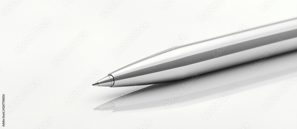 Close-up of a sleek silver pen on a white surface. Close-up of a sleek silver pen on a white surface.