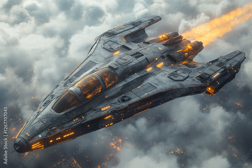 Futuristic interstellar fighter soaring through the atmospheric clouds Futuristic interstellar fighter soaring through the atmospheric clouds