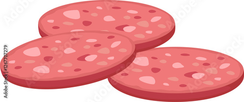 Three overlapping slices of bologna sausage create a visually enticing arrangement on a clean white background, highlighting the pink color and smooth texture of this classic delicatessen meat