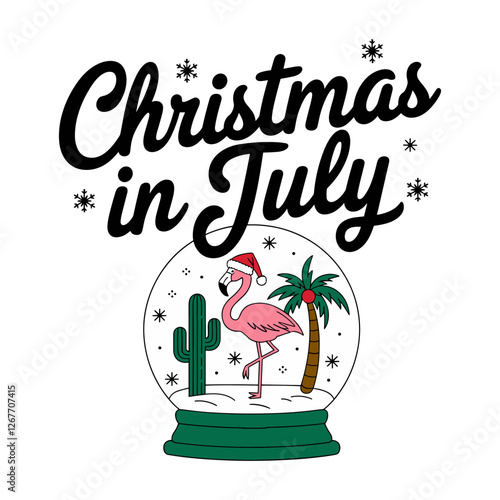 Flamingo is standing in a snow globe with a Christmas tree. Vector image of Christmas in July