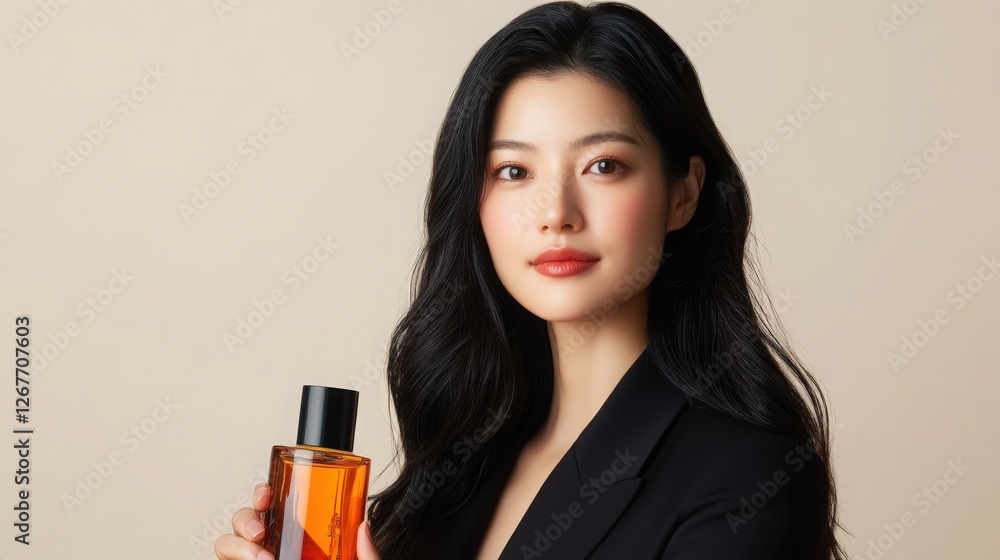 Young Woman with Curly Hair Holding Amber Bottle Young Woman with Curly Hair Holding Amber Bottle