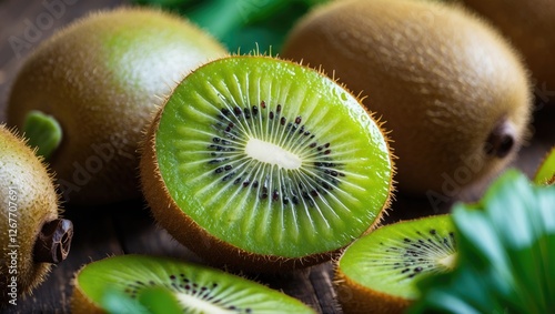 Freshly cut kiwi fruit displayed alongside whole kiwis arranged on a wooden surface with green leaves providing a natural backdrop Copy Space photo