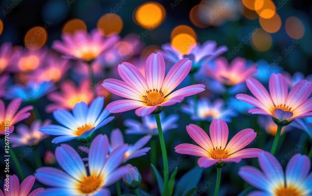 A stunning close-up of vibrant, glowing flowers in full bloom, illuminated with soft golden light. A stunning close-up of vibrant, glowing flowers in full bloom, illuminated with soft golden light.