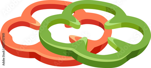 Intertwining slices of vibrant red and green bell peppers form an eye catching design, highlighting freshness and promoting healthy eating habits with their colorful appeal