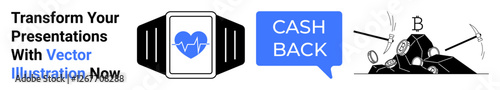 Smartwatch displaying heart rate, bold cashback text in blue, and mining tools extracting cryptocurrency coins. Ideal for fitness, finance, savings, digital wallets, technology, crypto trends flat