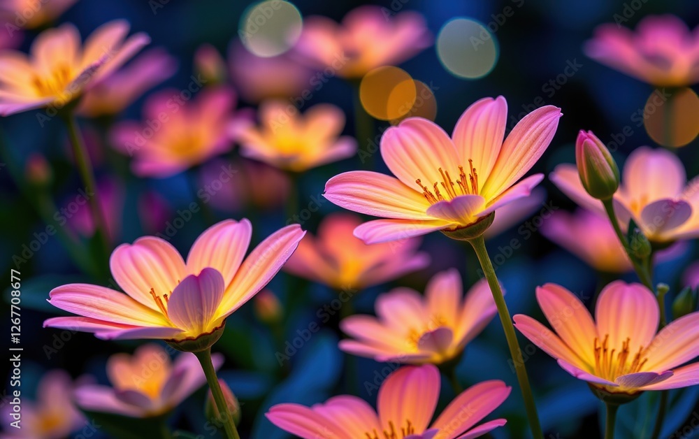 A stunning close-up of vibrant, glowing flowers in full bloom, illuminated with soft golden light. A stunning close-up of vibrant, glowing flowers in full bloom, illuminated with soft golden light.