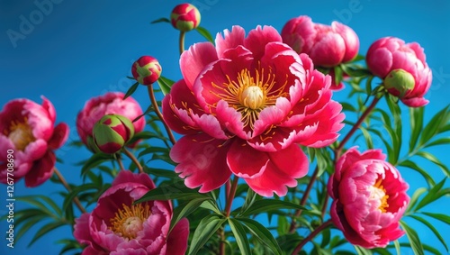 Wallpaper Mural Pink peony flowers in full bloom against a blue background with green leaves and buds Copy Space Torontodigital.ca