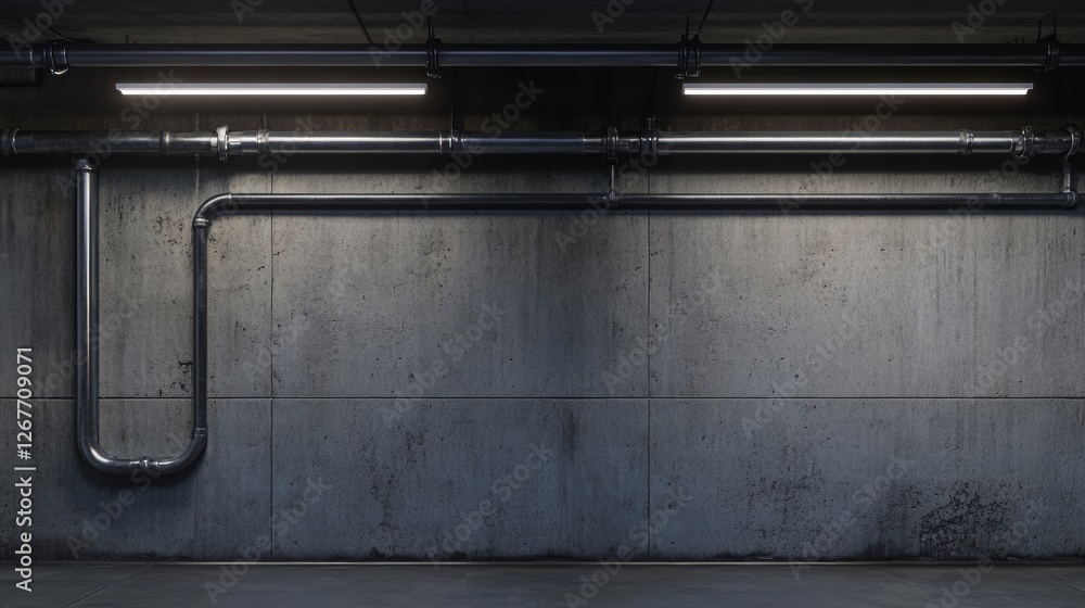 Grungy industrial pipe wall in dark concrete garage a modern and realistic visual experience Grungy industrial pipe wall in dark concrete garage a modern and realistic visual experience