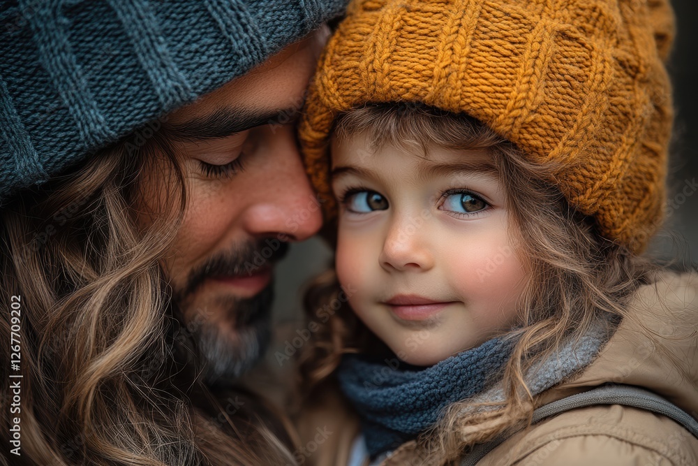 Child gazes adoringly at parent during winter cuddles Child gazes adoringly at parent during winter cuddles