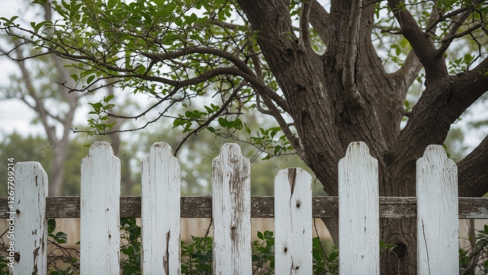 White wooden fence with weathered paint and a large tree in the background, natural greenery, outdoor setting, Copy Space White wooden fence with weathered paint and a large tree in the background, natural greenery, outdoor setting, Copy Space