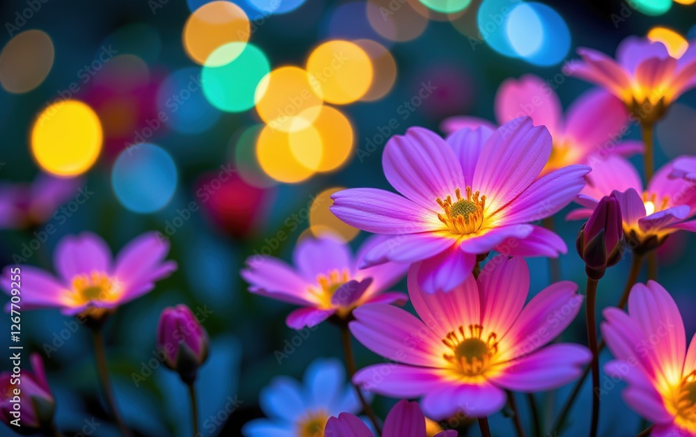 Obraz premium A stunning close-up of vibrant, glowing flowers in full bloom, illuminated with soft golden light. 