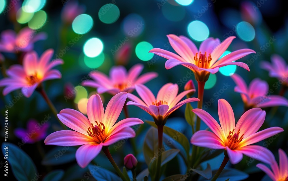 A stunning close-up of vibrant, glowing flowers in full bloom, illuminated with soft golden light. A stunning close-up of vibrant, glowing flowers in full bloom, illuminated with soft golden light.