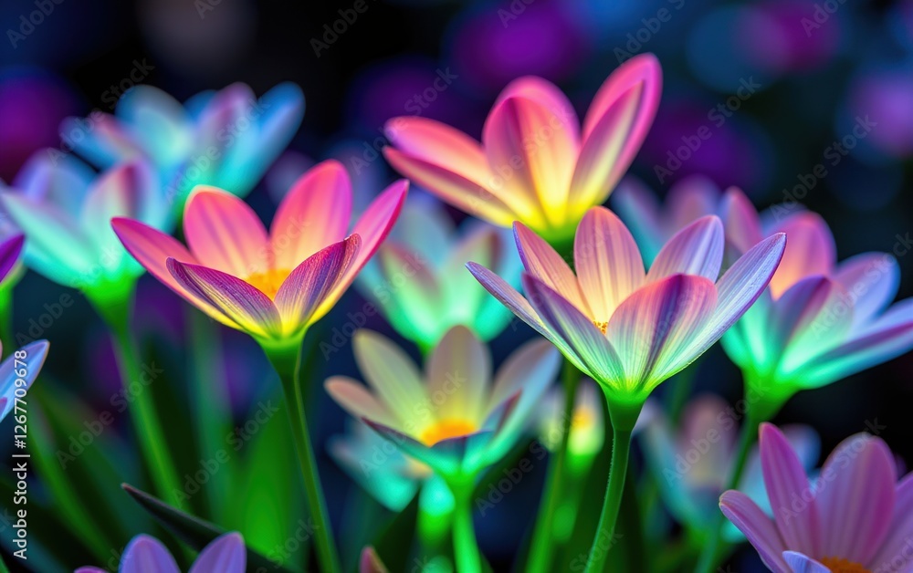 A stunning close-up of vibrant, glowing flowers in full bloom, illuminated with soft golden light. A stunning close-up of vibrant, glowing flowers in full bloom, illuminated with soft golden light.