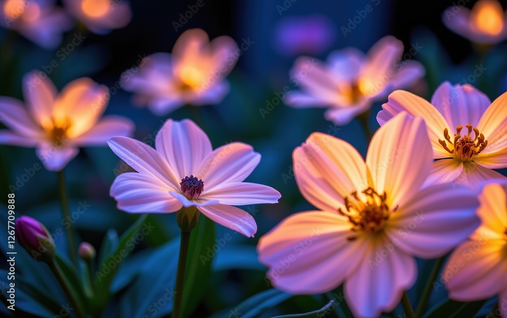 A stunning close-up of vibrant, glowing flowers in full bloom, illuminated with soft golden light. A stunning close-up of vibrant, glowing flowers in full bloom, illuminated with soft golden light.