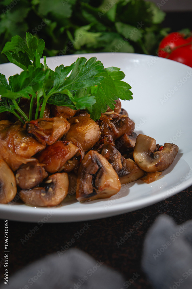 Fototapeta premium Sautéed Mushrooms with Fresh Herbs