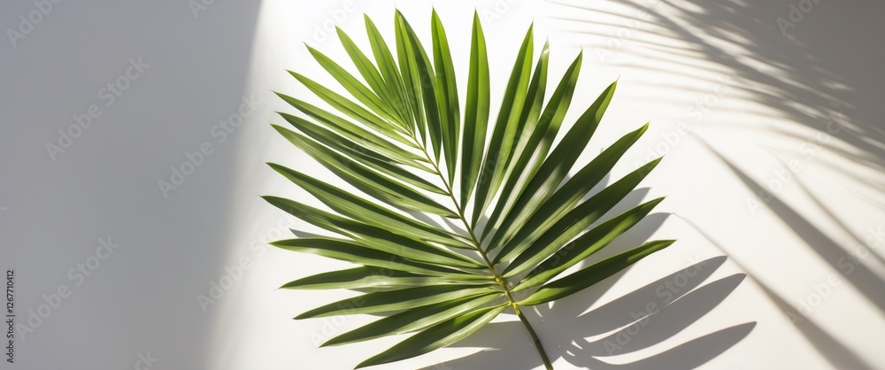 Green palm leaf isolated on white background with shadows revealing texture and form copy space Green palm leaf isolated on white background with shadows revealing texture and form copy space