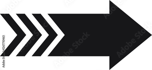 Simple black arrow pointing to the right with a triple chevron pattern on the left side, isolated vector illustration on white background, concept of direction, progress and movement