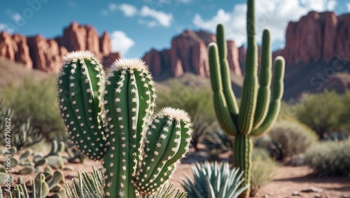 Wallpaper Mural Desert landscape featuring various cacti with rocky mountains in the background under partly cloudy blue sky Copy Space Torontodigital.ca