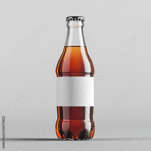 Glass bottle with cola, red liquid, on high quality grey background,White blank label