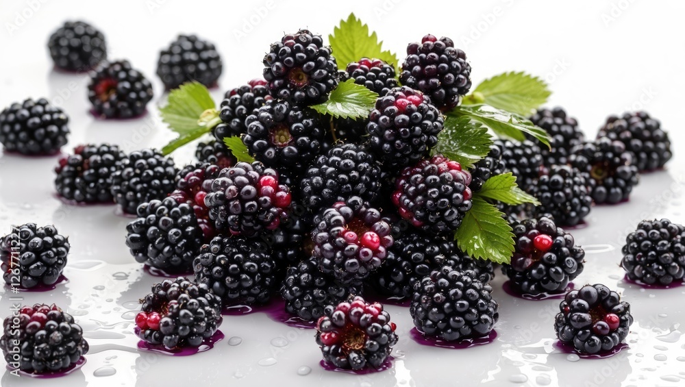 Fresh blackberries with green leaves arranged in a pile on a reflective surface with droplets of water Copy Space Fresh blackberries with green leaves arranged in a pile on a reflective surface with droplets of water Copy Space