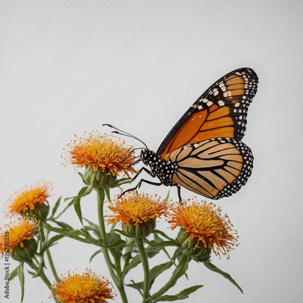 Fototapeta premium A vibrant monarch butterfly perched on a delicate flower, clear white background.