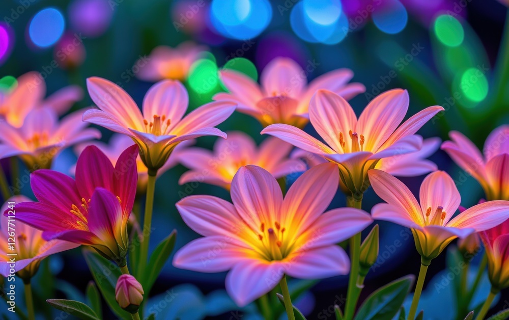 A stunning close-up of vibrant, glowing flowers in full bloom, illuminated with soft golden light. A stunning close-up of vibrant, glowing flowers in full bloom, illuminated with soft golden light.