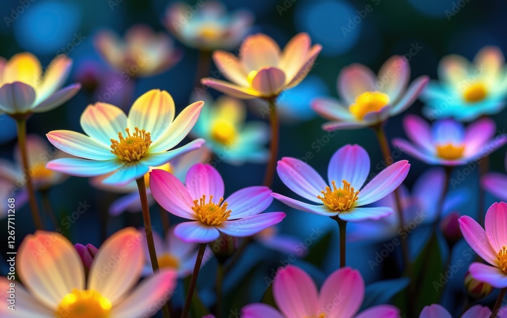 A stunning close-up of vibrant, glowing flowers in full bloom, illuminated with soft golden light. A stunning close-up of vibrant, glowing flowers in full bloom, illuminated with soft golden light.