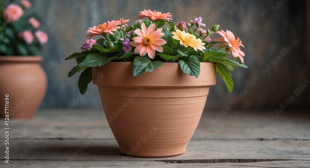 Flower pot with pink and yellow daisies in terracotta container on wooden table. Soft focus background with greenery. Copy Space. Flower pot with pink and yellow daisies in terracotta container on wooden table. Soft focus background with greenery. Copy Space.