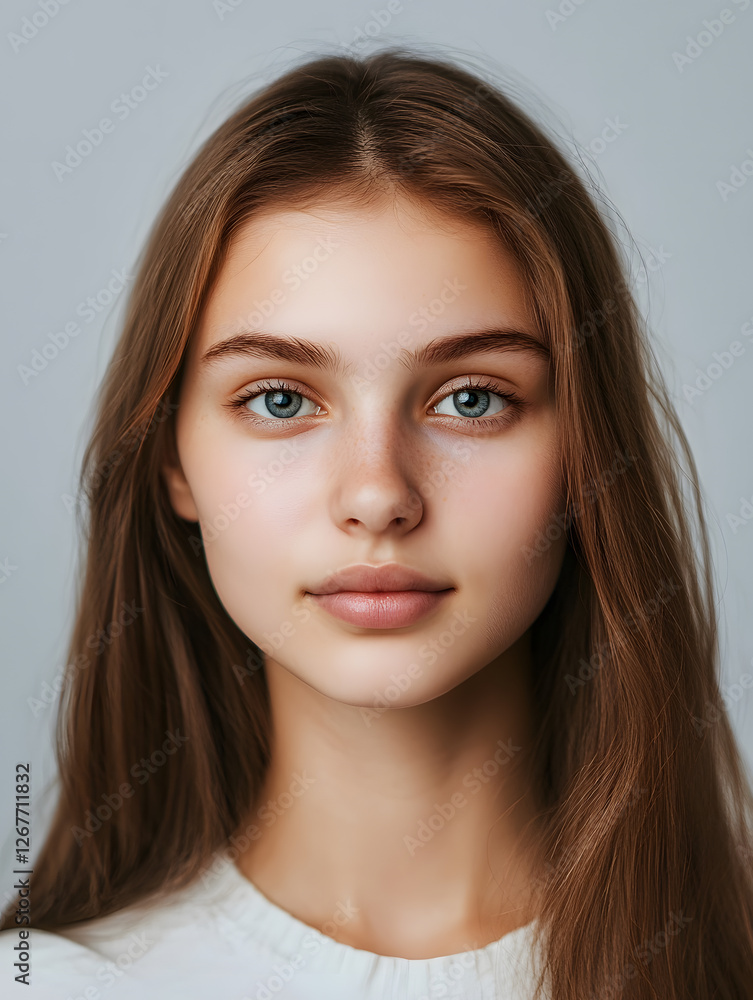 Portrait girl ID photo on gray background Portrait girl ID photo on gray background