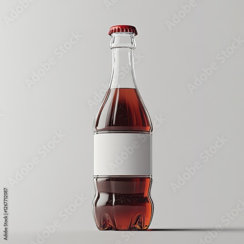 Glass bottle with cola, red liquid, on high quality grey background,White blank label