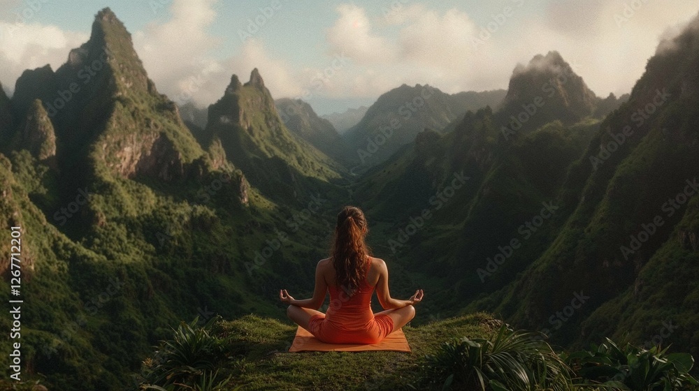 woman meditating in the tropical mountains woman meditating in the tropical mountains