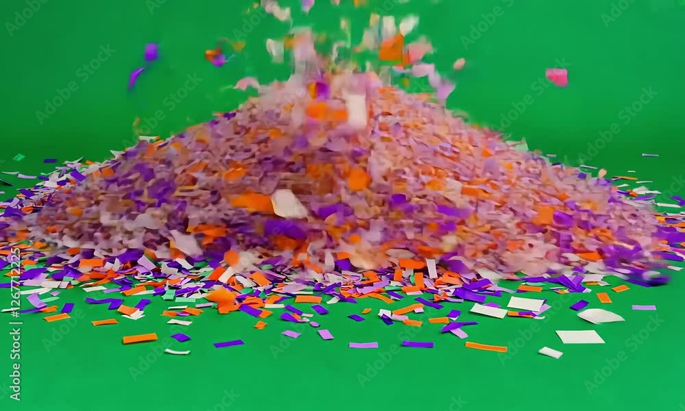 Colorful shredded paper explosion on green screen