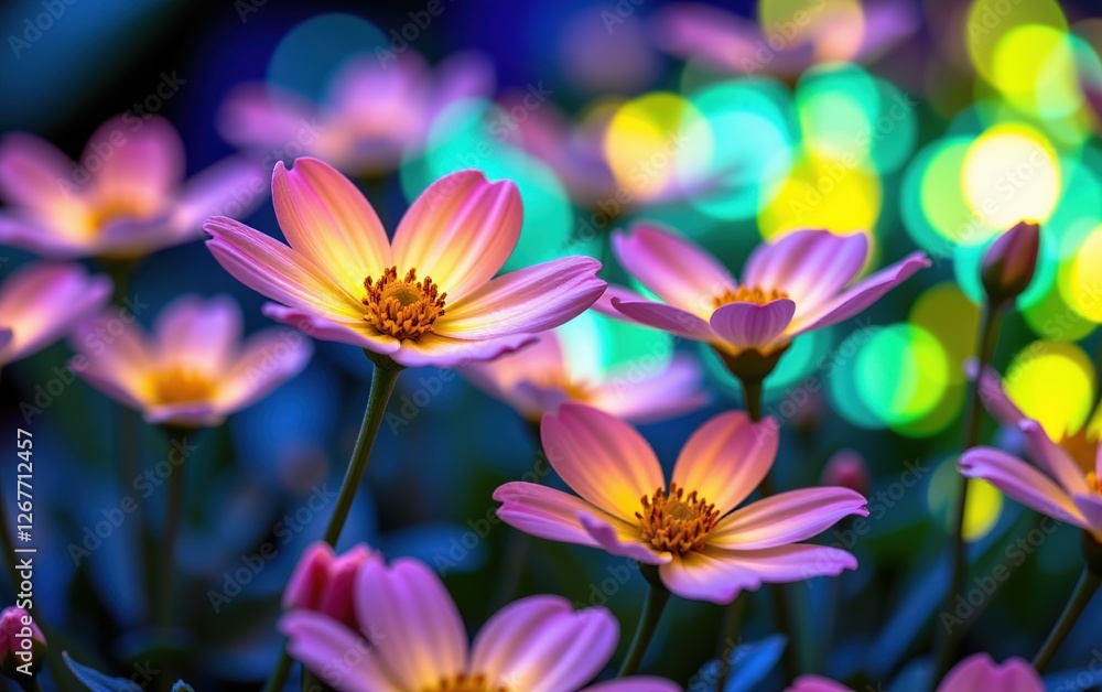 A stunning close-up of vibrant, glowing flowers in full bloom, illuminated with soft golden light. A stunning close-up of vibrant, glowing flowers in full bloom, illuminated with soft golden light.