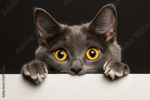 Bold Simplicity: A high-resolution photo of a cute gray cat peeking from behind a white banner.