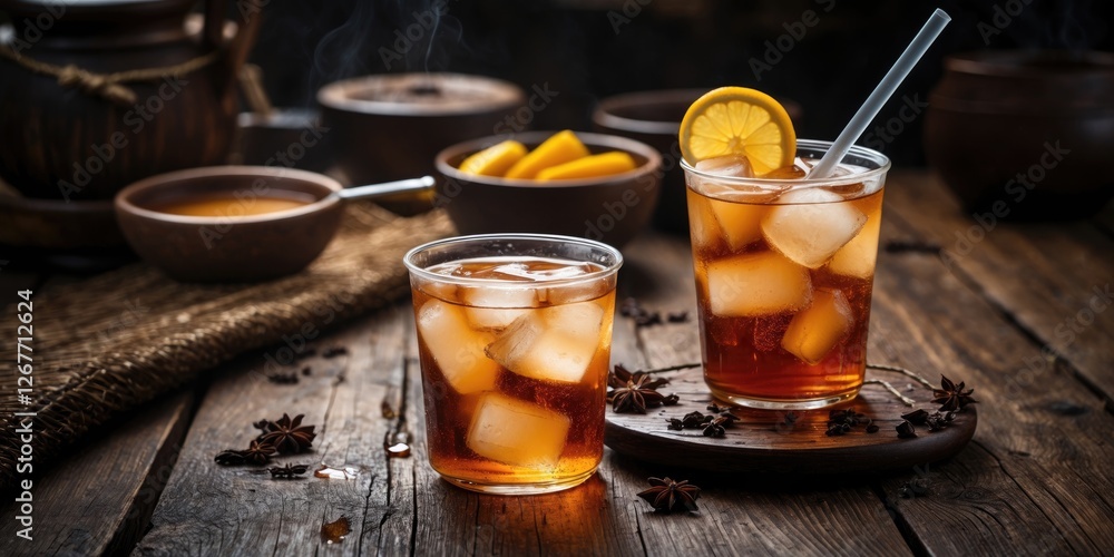 Iced tea drinks with lemon slices and ice cubes on wooden table with herbs and spices in rustic setting Copy Space Iced tea drinks with lemon slices and ice cubes on wooden table with herbs and spices in rustic setting Copy Space