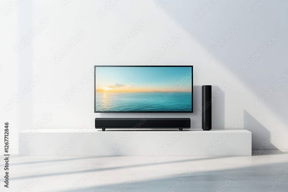 Fototapeta premium High-Tech Elegance: The black soundbar and TV are the focal point of a modern living room, with a futuristic, clean white background. 