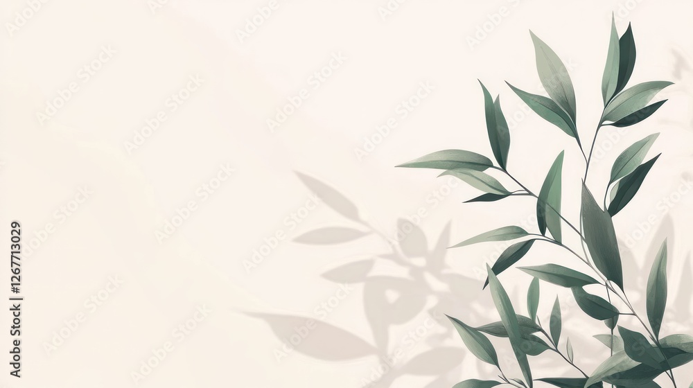 Elegant green leaves with shadow on beige background. Elegant green leaves with shadow on beige background.