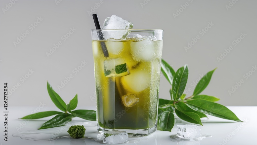 Fototapeta premium Cold green beverage with ice in a glass, fresh mint leaves and green foliage on a light background, Copy Space available.