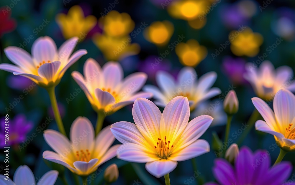 A stunning close-up of vibrant, glowing flowers in full bloom, illuminated with soft golden light. A stunning close-up of vibrant, glowing flowers in full bloom, illuminated with soft golden light.