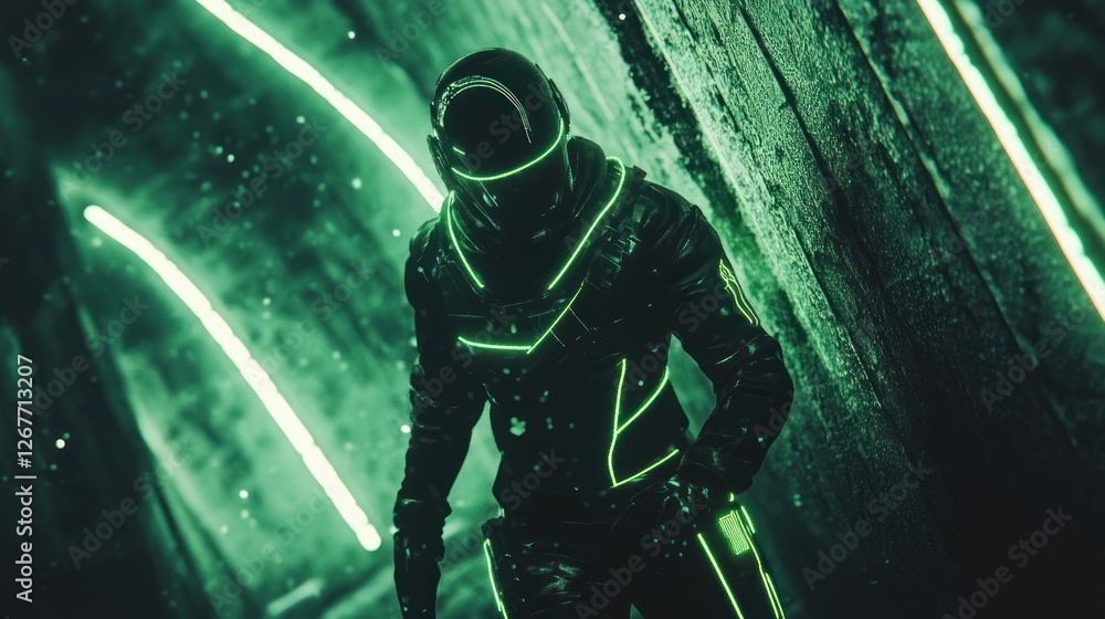 Neon Astronaut in a Futuristic, Snowy Environment Neon Astronaut in a Futuristic, Snowy Environment