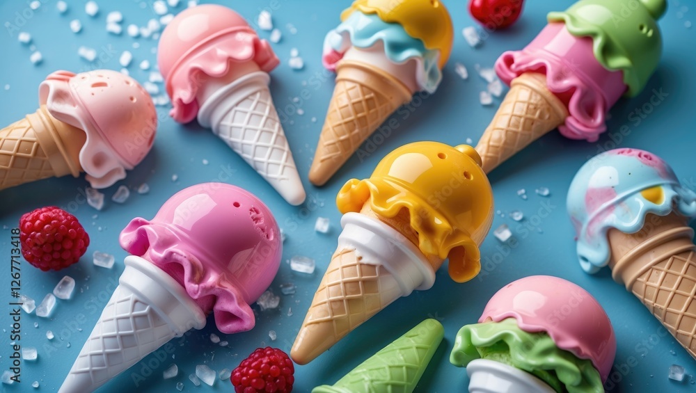 Fototapeta premium Colorful plastic toy ice cream cones arranged on a blue background with raspberries and ice fragments, featuring various flavors and colors. Copy Space