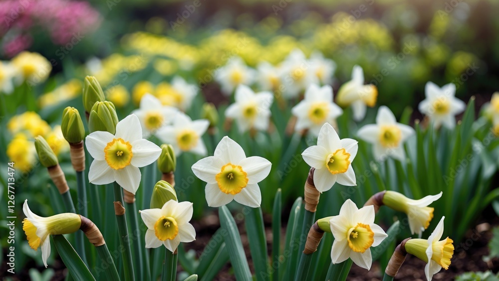 Daffodil flowers blooming in garden with soft natural light and green foliage Copy Space Daffodil flowers blooming in garden with soft natural light and green foliage Copy Space